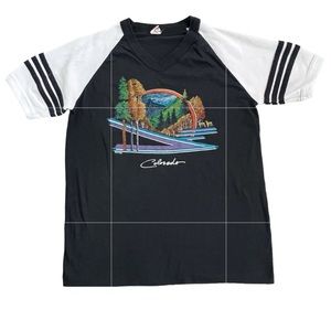 Vintage 1980s Alore Brand Colorado V-Neck Tee Shirt Rocky Mountains Graphic Tee